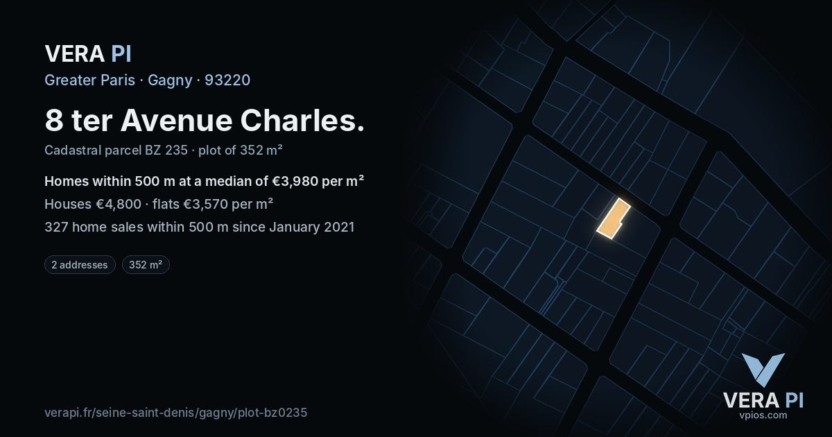 8 ter Avenue Charles, Gagny at night – the plot lit, the parcels around coloured by the prices near them