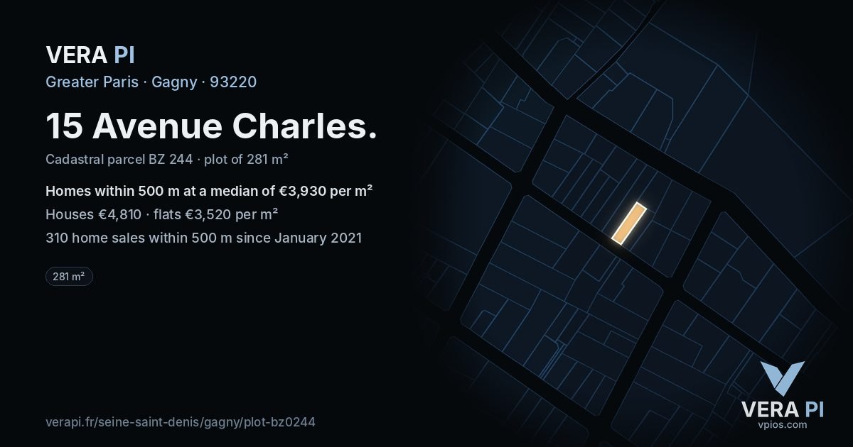 15 Avenue Charles, Gagny at night – the plot lit, the parcels around coloured by the prices near them