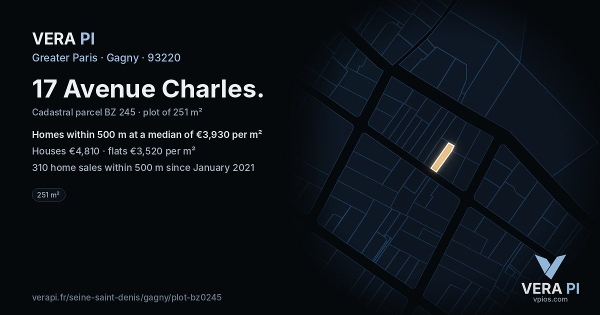 17 Avenue Charles, Gagny at night – the plot lit, the parcels around coloured by the prices near them