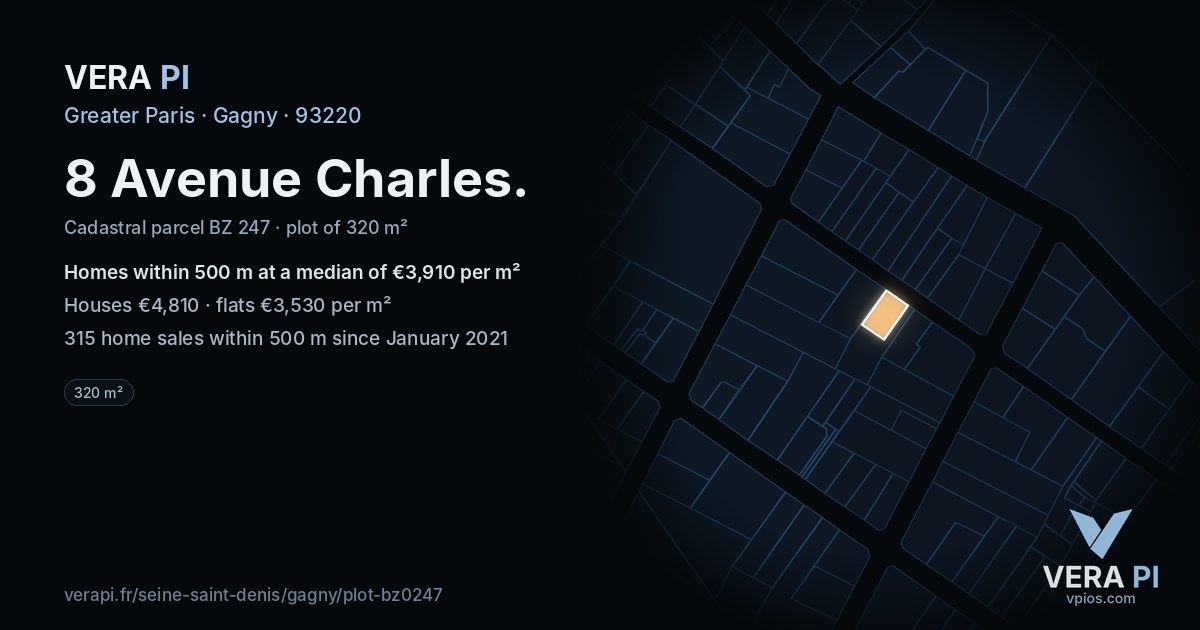 8 Avenue Charles, Gagny at night – the plot lit, the parcels around coloured by the prices near them