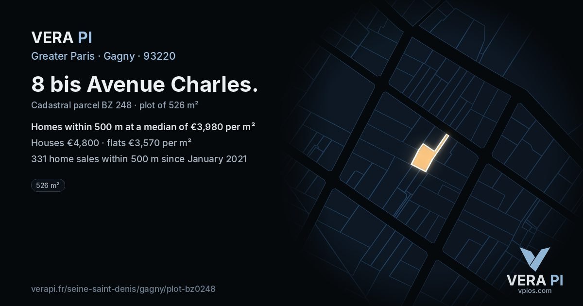 8 bis Avenue Charles, Gagny at night – the plot lit, the parcels around coloured by the prices near them