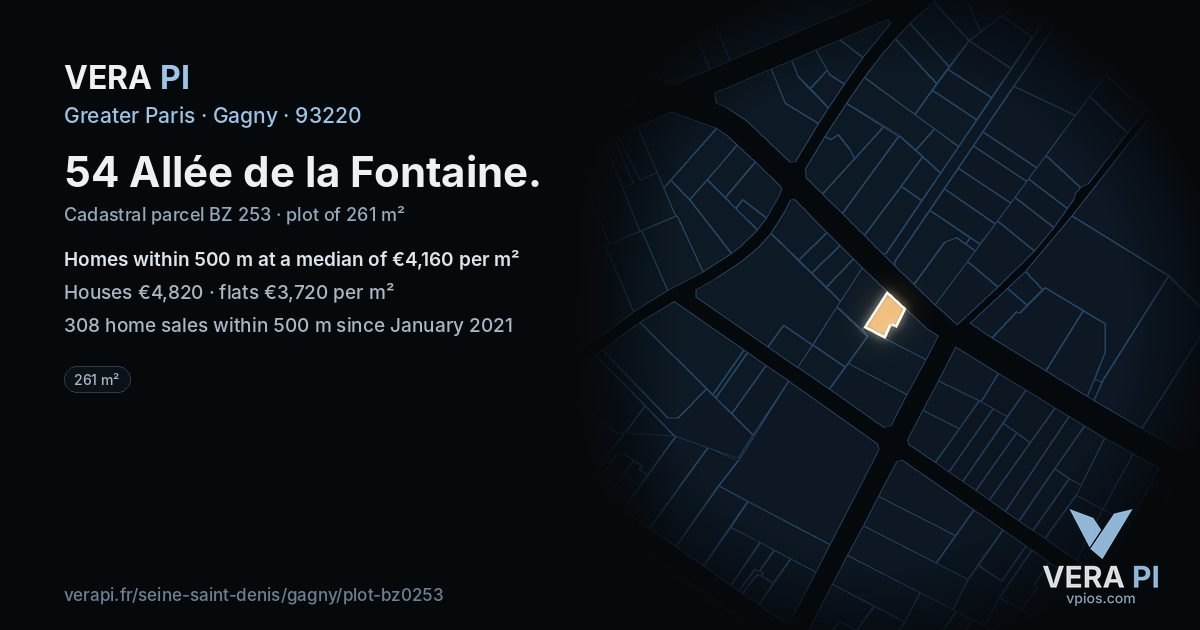 54 Allée de la Fontaine, Gagny at night – the plot lit, the parcels around coloured by the prices near them