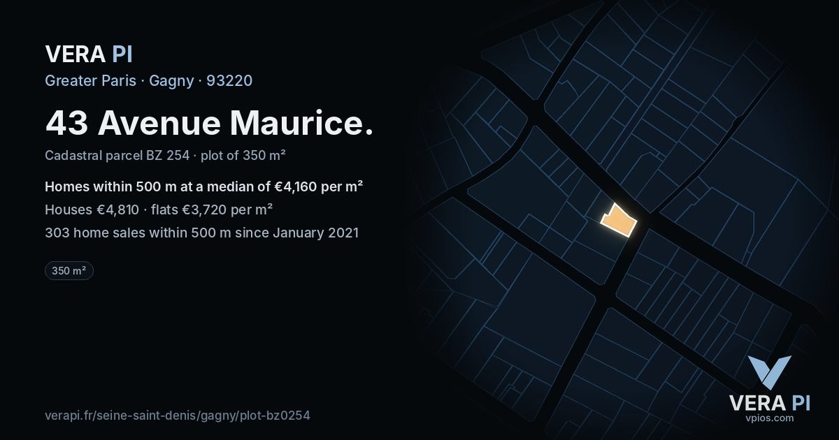43 Avenue Maurice, Gagny at night – the plot lit, the parcels around coloured by the prices near them