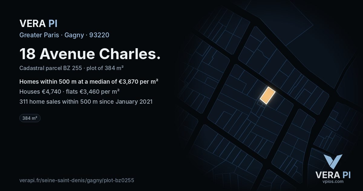 18 Avenue Charles, Gagny at night – the plot lit, the parcels around coloured by the prices near them
