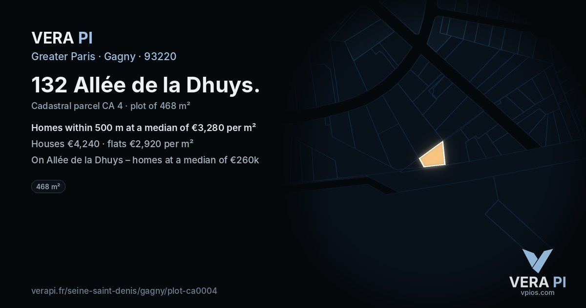 132 Allée de la Dhuys, Gagny at night – the plot lit, the parcels around coloured by the prices near them