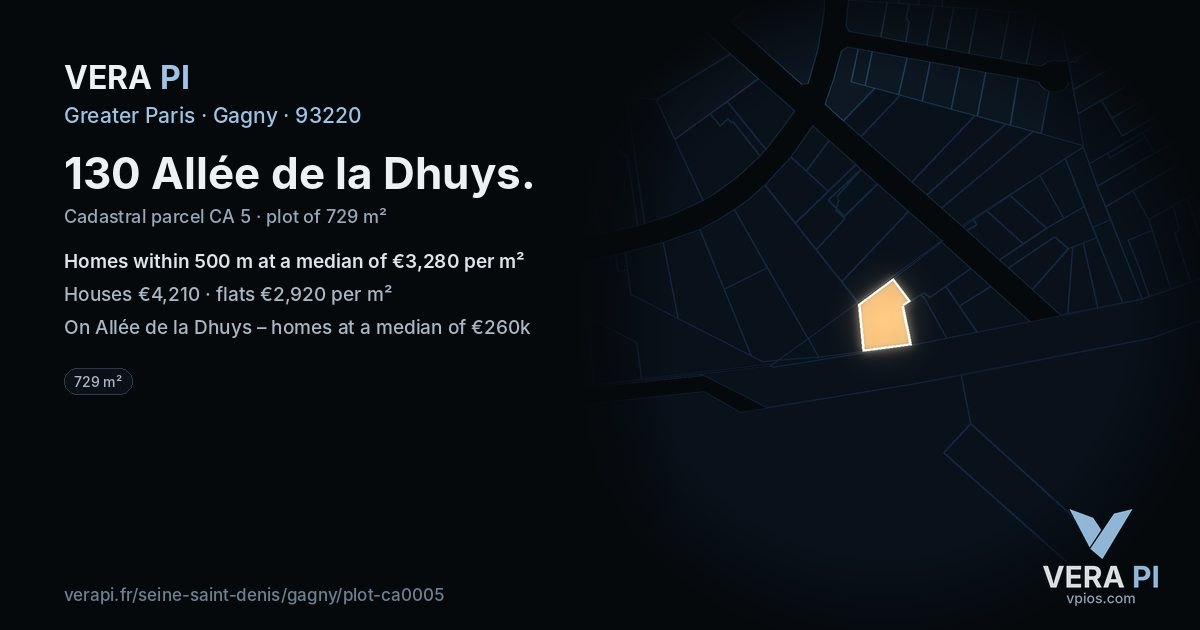 130 Allée de la Dhuys, Gagny at night – the plot lit, the parcels around coloured by the prices near them