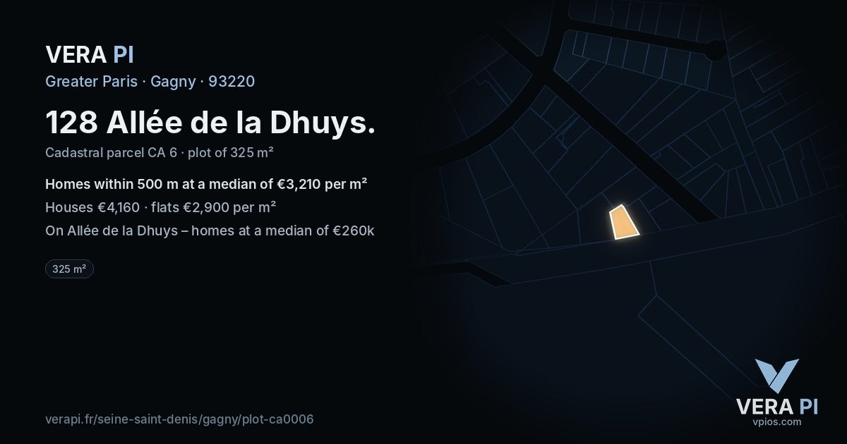 128 Allée de la Dhuys, Gagny at night – the plot lit, the parcels around coloured by the prices near them