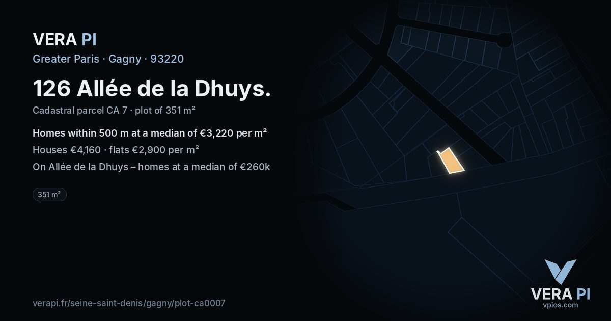 126 Allée de la Dhuys, Gagny at night – the plot lit, the parcels around coloured by the prices near them