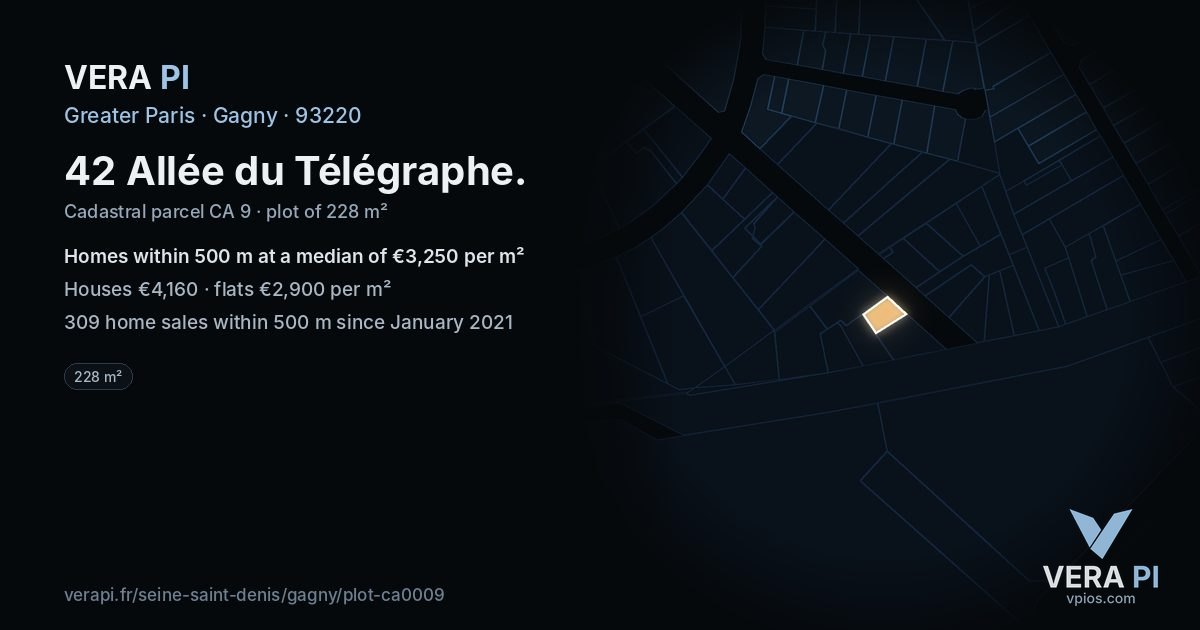 42 Allée du Télégraphe, Gagny at night – the plot lit, the parcels around coloured by the prices near them