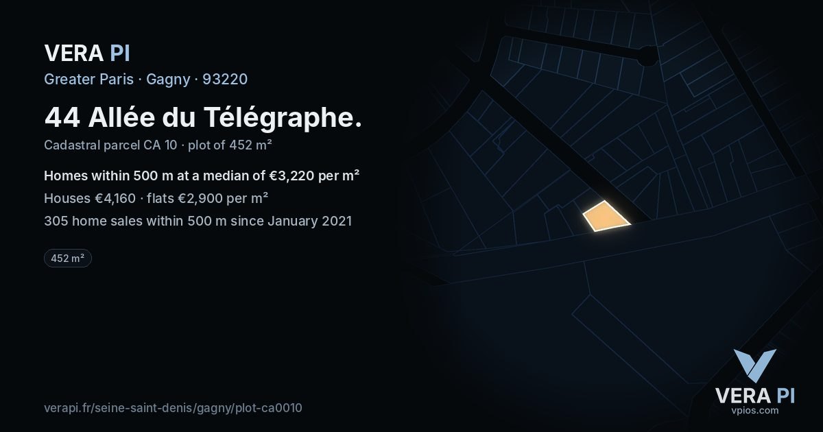 44 Allée du Télégraphe, Gagny at night – the plot lit, the parcels around coloured by the prices near them