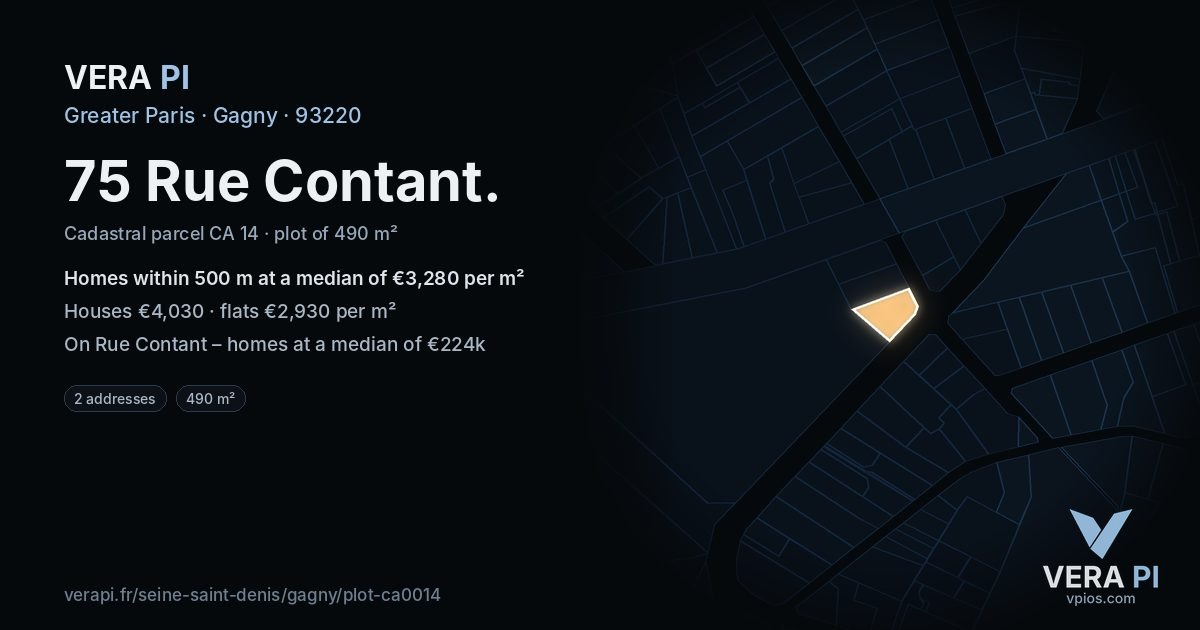 75 Rue Contant, Gagny at night – the plot lit, the parcels around coloured by the prices near them
