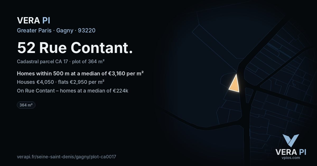52 Rue Contant, Gagny at night – the plot lit, the parcels around coloured by the prices near them