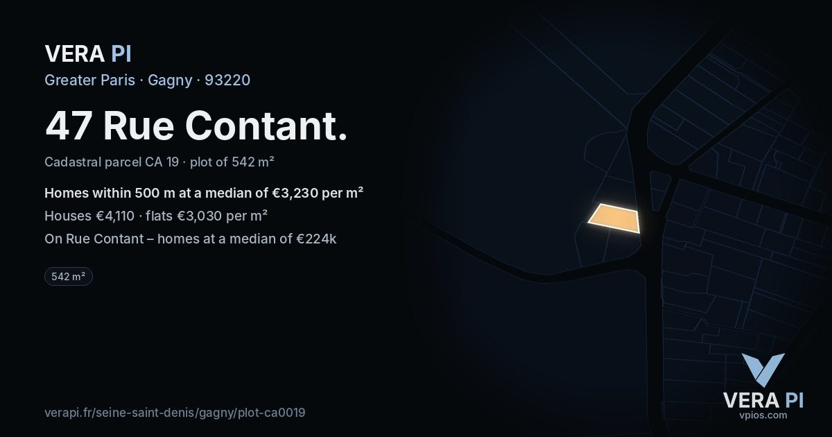 47 Rue Contant, Gagny at night – the plot lit, the parcels around coloured by the prices near them