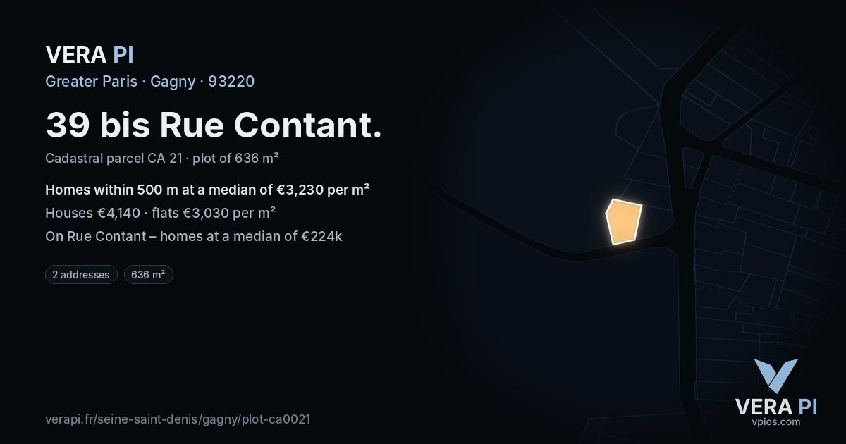 39 bis Rue Contant, Gagny at night – the plot lit, the parcels around coloured by the prices near them