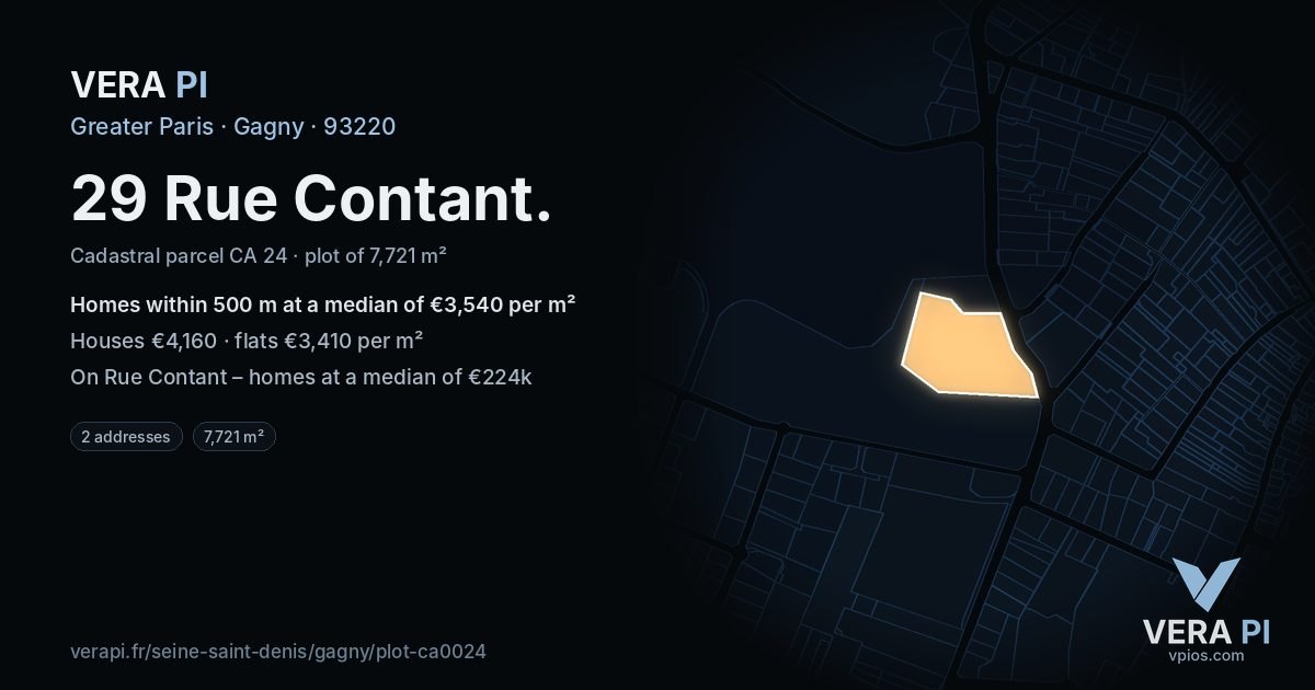 29 Rue Contant, Gagny at night – the plot lit, the parcels around coloured by the prices near them