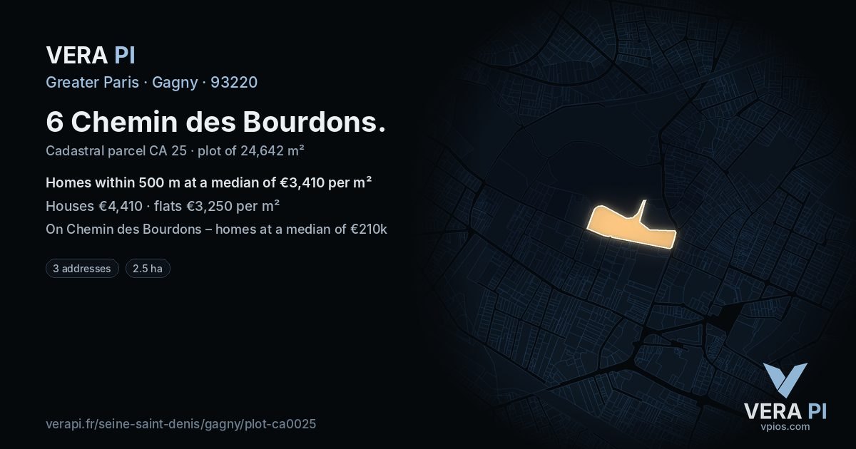 6 Chemin des Bourdons, Gagny at night – the plot lit, the parcels around coloured by the prices near them