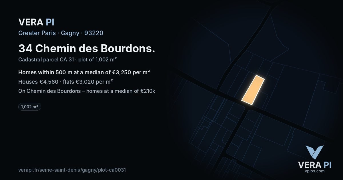 34 Chemin des Bourdons, Gagny at night – the plot lit, the parcels around coloured by the prices near them
