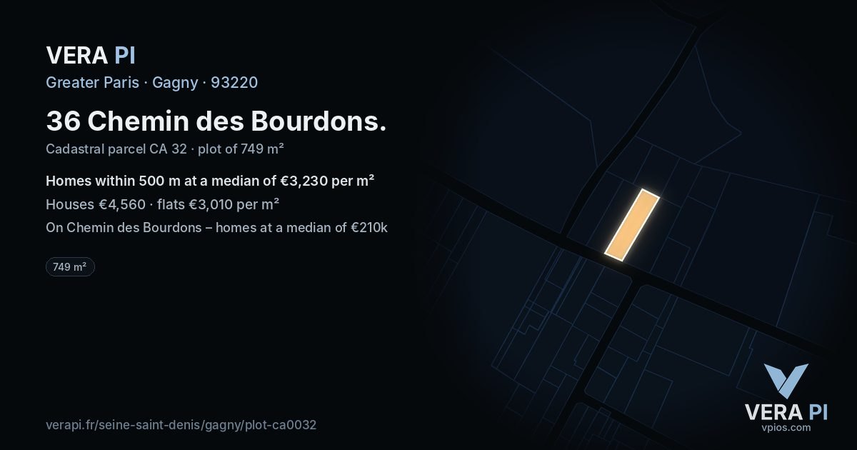 36 Chemin des Bourdons, Gagny at night – the plot lit, the parcels around coloured by the prices near them