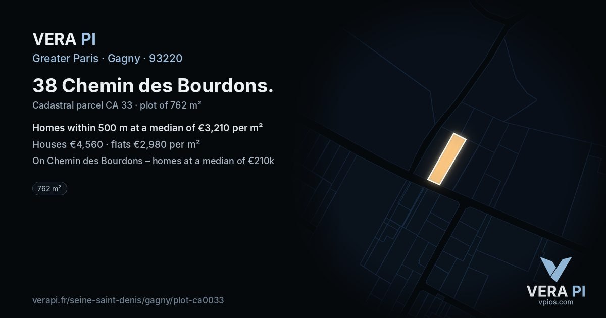 38 Chemin des Bourdons, Gagny at night – the plot lit, the parcels around coloured by the prices near them