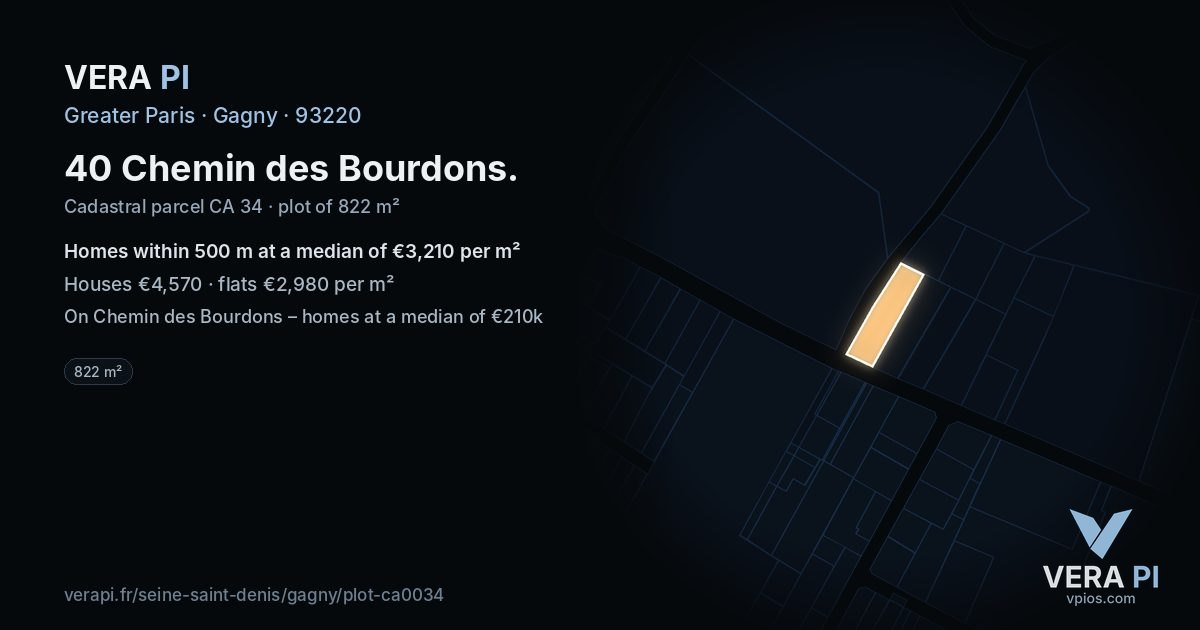 40 Chemin des Bourdons, Gagny at night – the plot lit, the parcels around coloured by the prices near them
