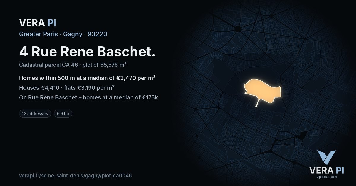 4 Rue Rene Baschet, Gagny at night – the plot lit, the parcels around coloured by the prices near them