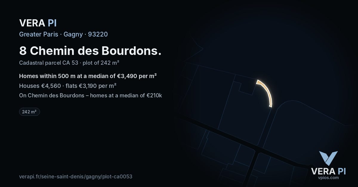 8 Chemin des Bourdons, Gagny at night – the plot lit, the parcels around coloured by the prices near them