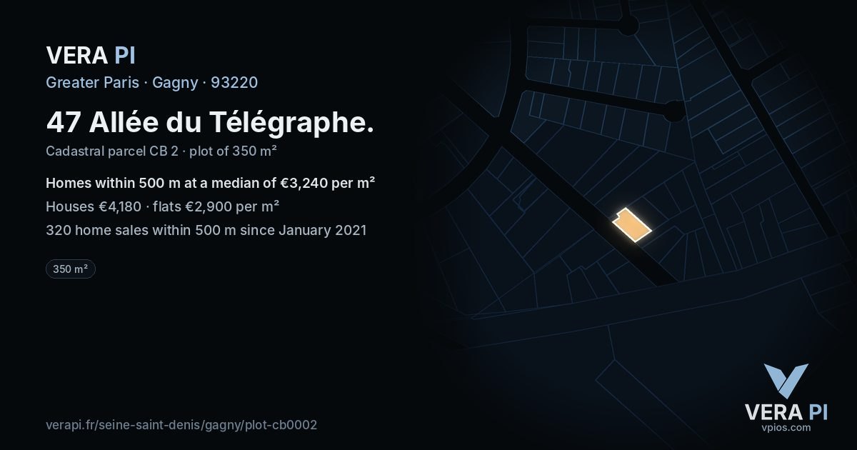 47 Allée du Télégraphe, Gagny at night – the plot lit, the parcels around coloured by the prices near them