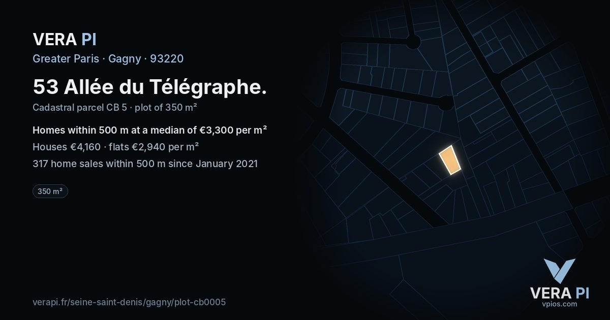 53 Allée du Télégraphe, Gagny at night – the plot lit, the parcels around coloured by the prices near them