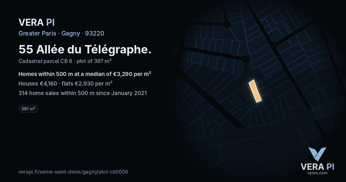 55 Allée du Télégraphe, Gagny at night – the plot lit, the parcels around coloured by the prices near them