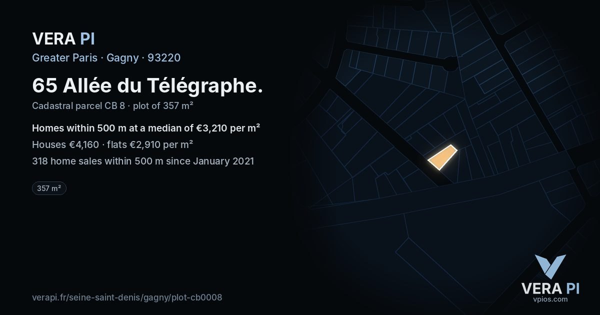 65 Allée du Télégraphe, Gagny at night – the plot lit, the parcels around coloured by the prices near them