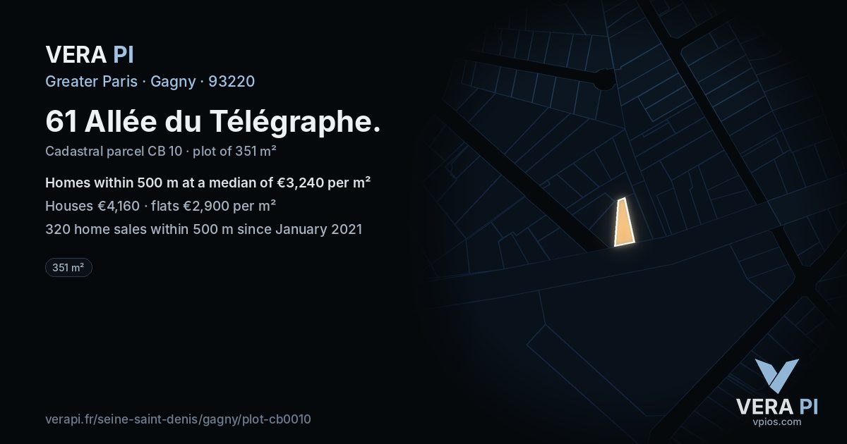 61 Allée du Télégraphe, Gagny at night – the plot lit, the parcels around coloured by the prices near them