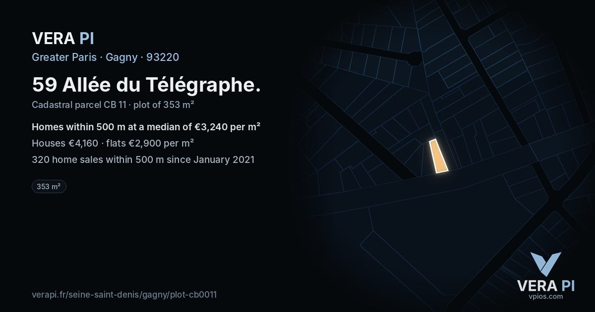 59 Allée du Télégraphe, Gagny at night – the plot lit, the parcels around coloured by the prices near them