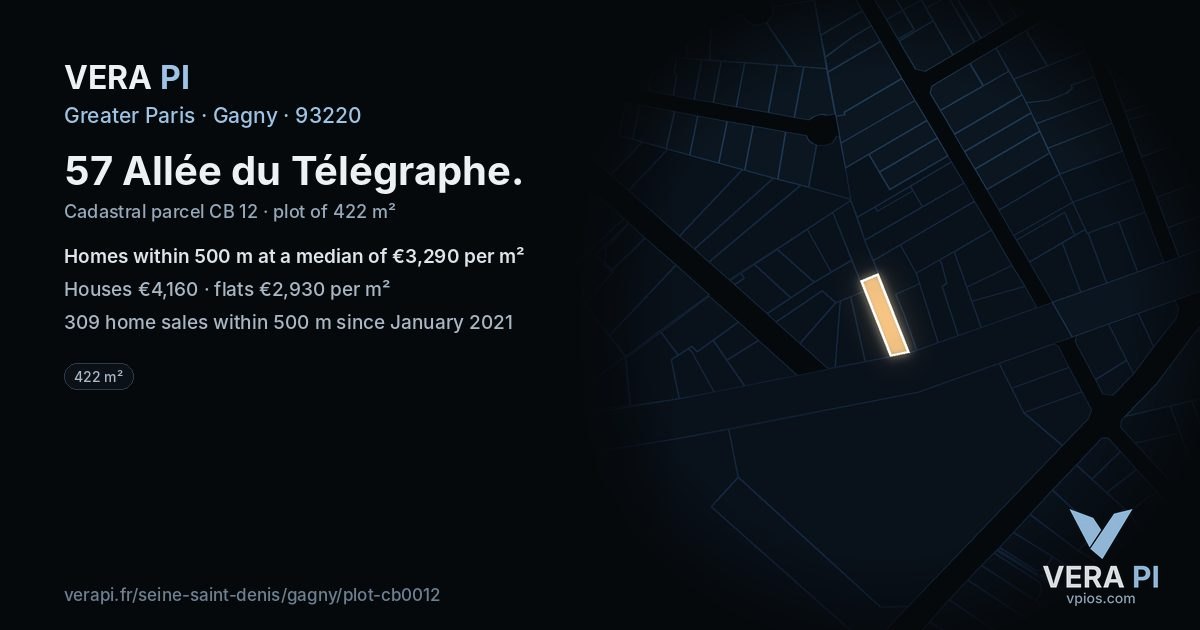 57 Allée du Télégraphe, Gagny at night – the plot lit, the parcels around coloured by the prices near them