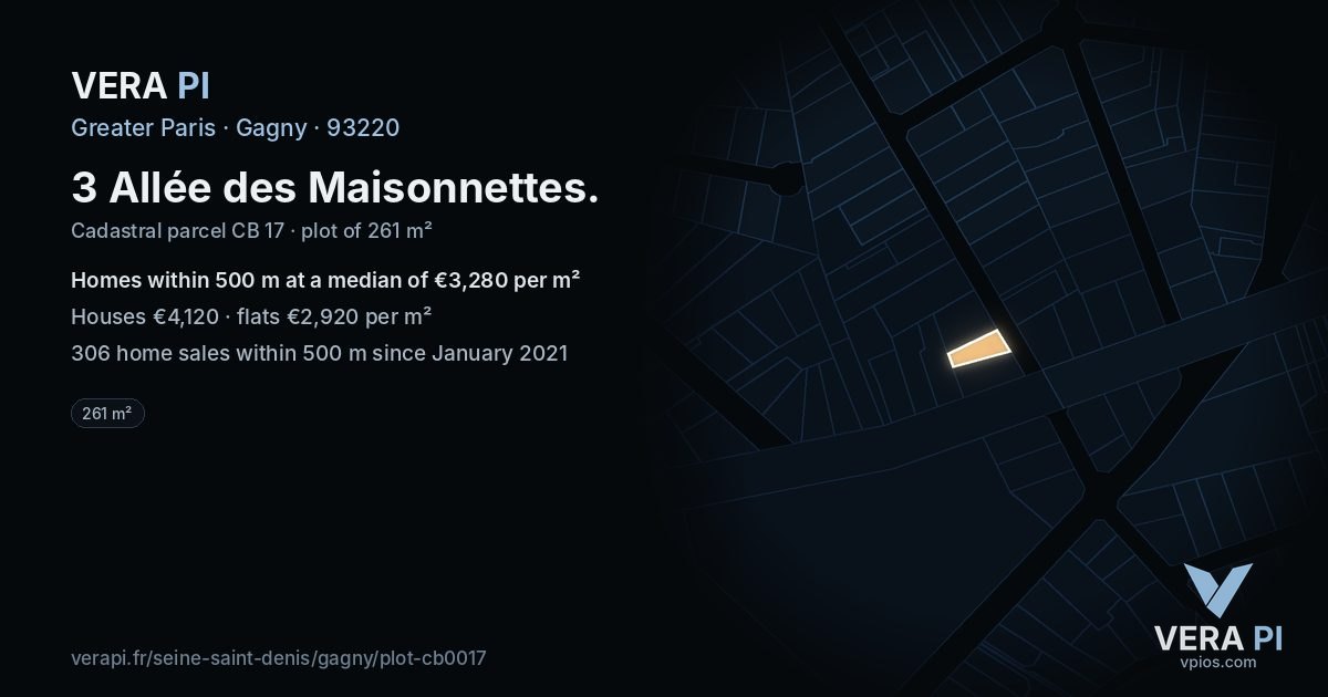 3 Allée des Maisonnettes, Gagny at night – the plot lit, the parcels around coloured by the prices near them
