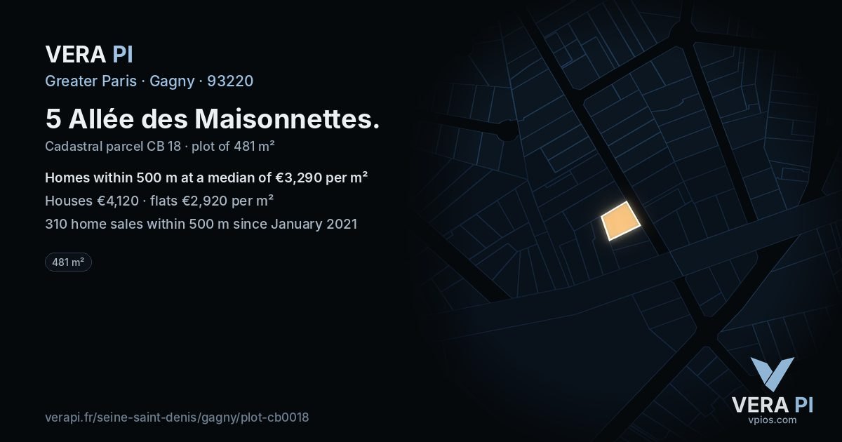 5 Allée des Maisonnettes, Gagny at night – the plot lit, the parcels around coloured by the prices near them