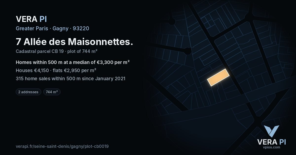 7 Allée des Maisonnettes, Gagny at night – the plot lit, the parcels around coloured by the prices near them