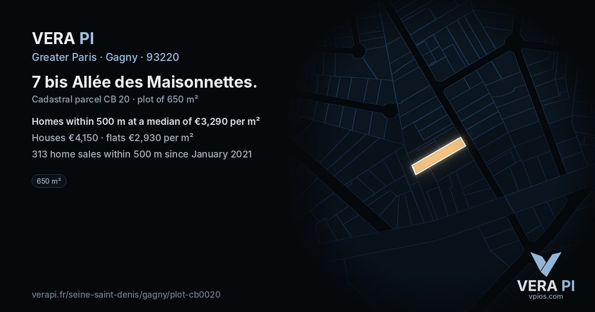 7 bis Allée des Maisonnettes, Gagny at night – the plot lit, the parcels around coloured by the prices near them