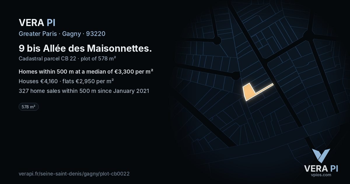 9 bis Allée des Maisonnettes, Gagny at night – the plot lit, the parcels around coloured by the prices near them