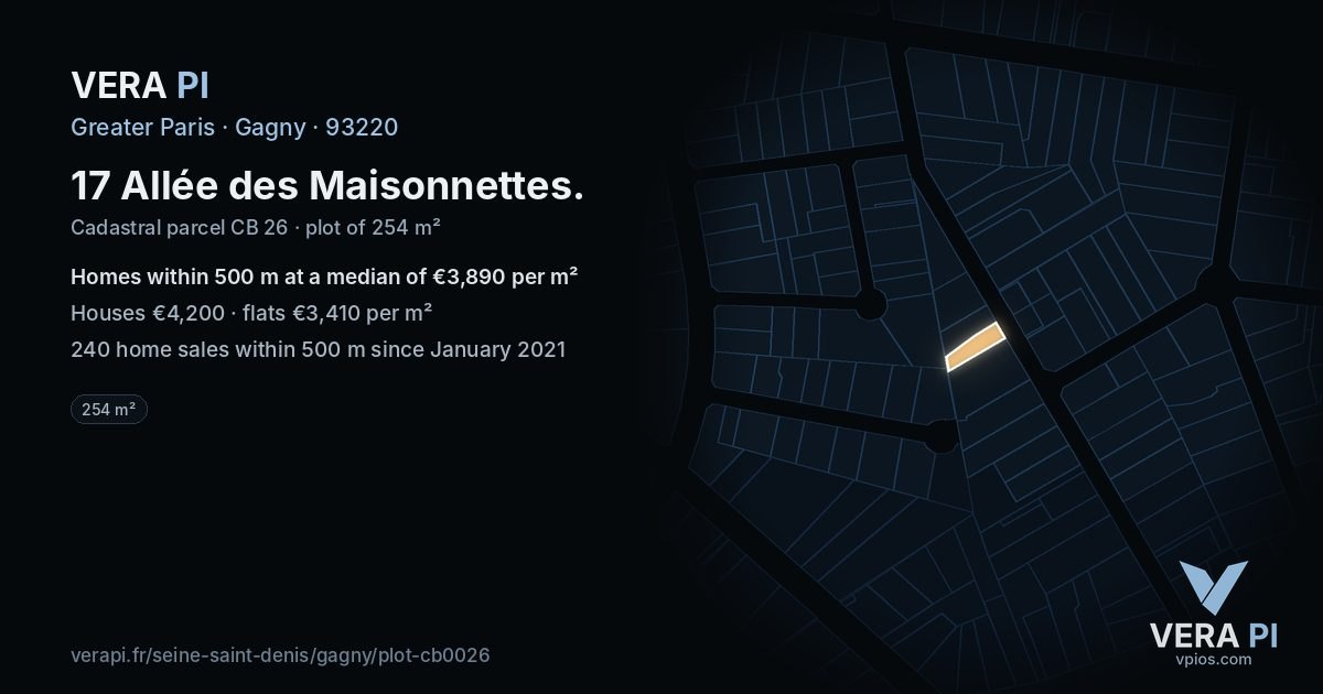 17 Allée des Maisonnettes, Gagny at night – the plot lit, the parcels around coloured by the prices near them