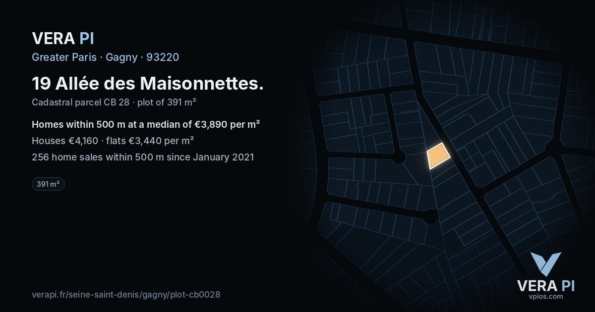 19 Allée des Maisonnettes, Gagny at night – the plot lit, the parcels around coloured by the prices near them