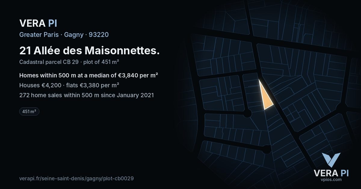 21 Allée des Maisonnettes, Gagny at night – the plot lit, the parcels around coloured by the prices near them