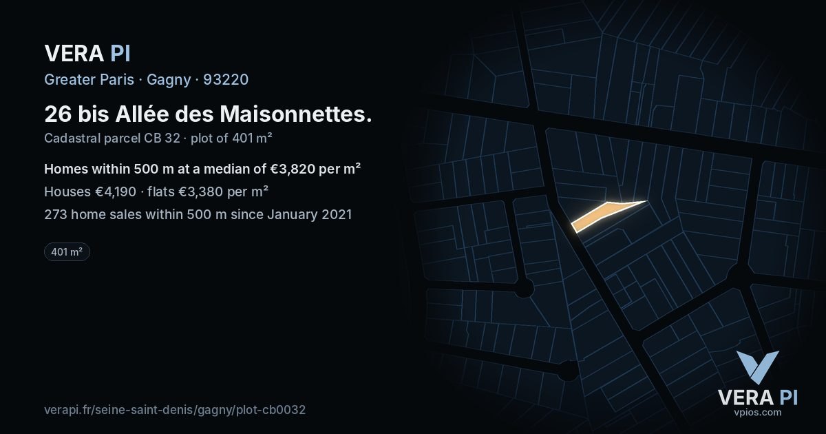 26 bis Allée des Maisonnettes, Gagny at night – the plot lit, the parcels around coloured by the prices near them