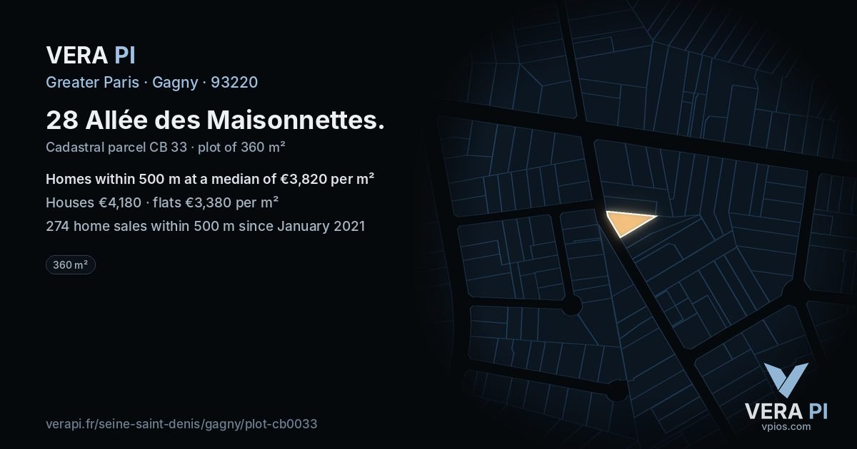 28 Allée des Maisonnettes, Gagny at night – the plot lit, the parcels around coloured by the prices near them
