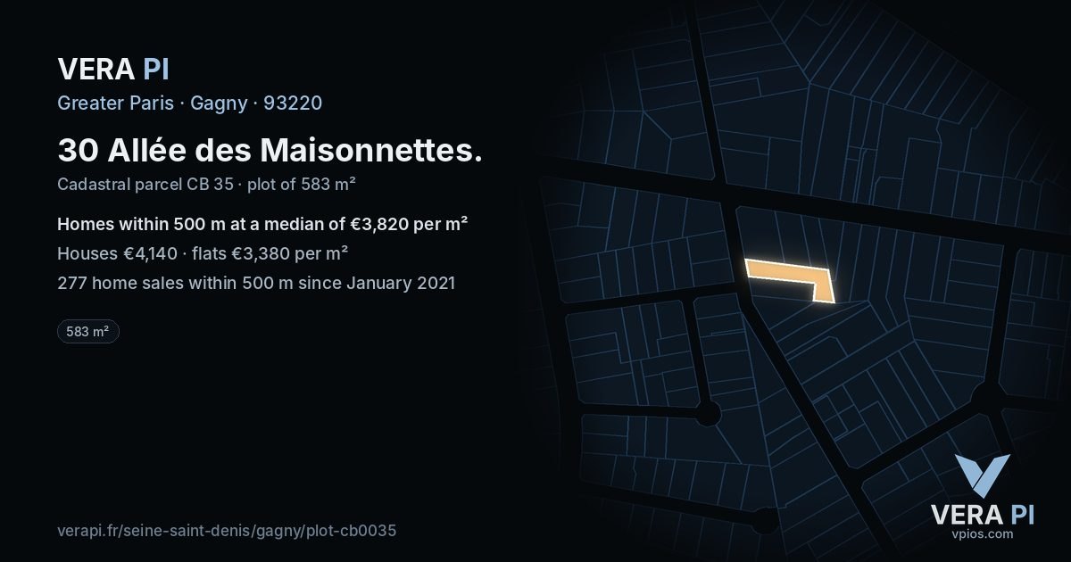 30 Allée des Maisonnettes, Gagny at night – the plot lit, the parcels around coloured by the prices near them