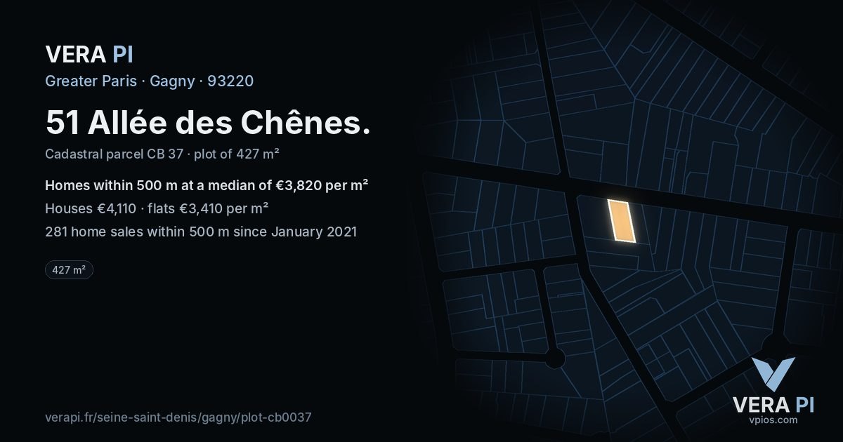 51 Allée des Chênes, Gagny at night – the plot lit, the parcels around coloured by the prices near them