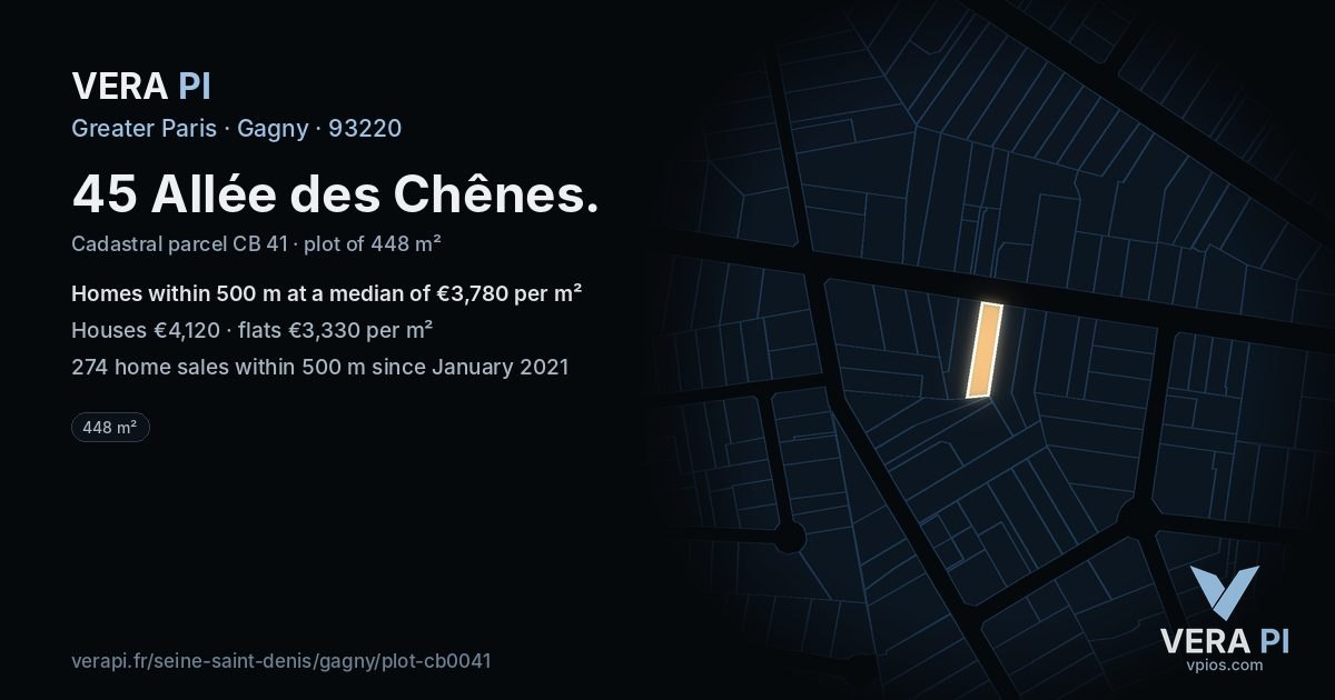 45 Allée des Chênes, Gagny at night – the plot lit, the parcels around coloured by the prices near them