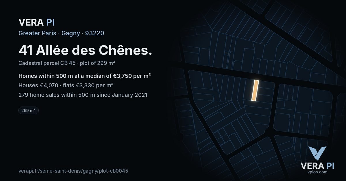 41 Allée des Chênes, Gagny at night – the plot lit, the parcels around coloured by the prices near them