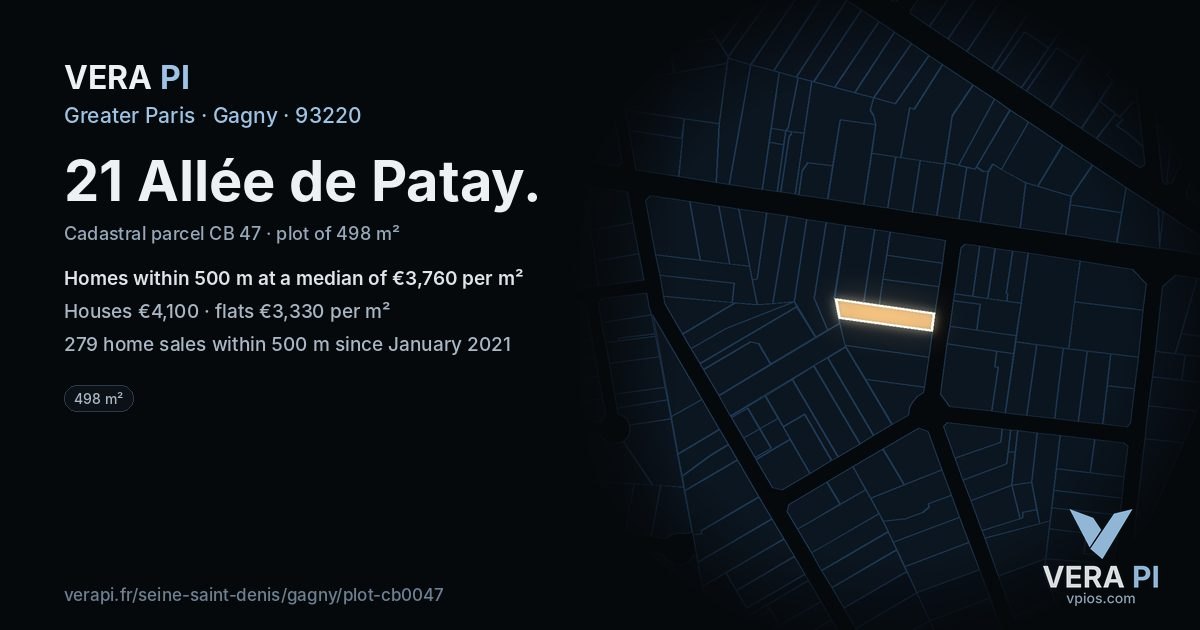 21 Allée de Patay, Gagny at night – the plot lit, the parcels around coloured by the prices near them