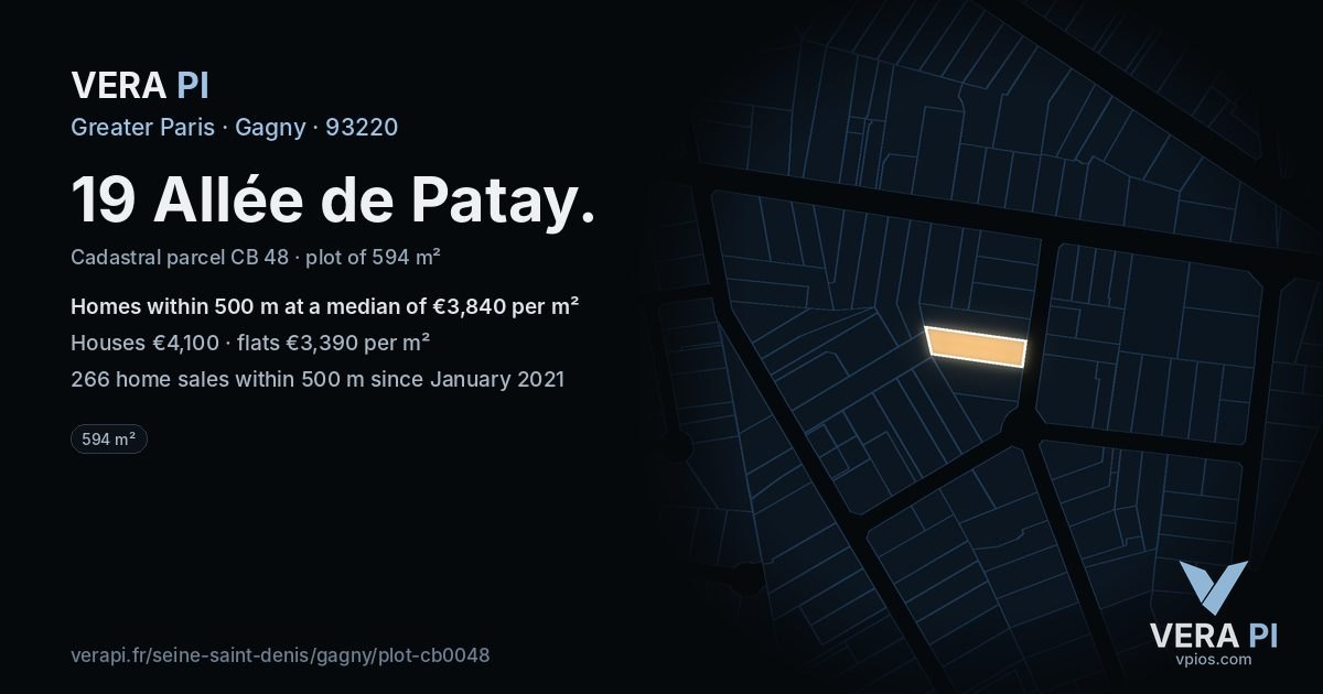 19 Allée de Patay, Gagny at night – the plot lit, the parcels around coloured by the prices near them