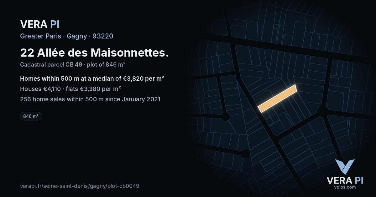 22 Allée des Maisonnettes, Gagny at night – the plot lit, the parcels around coloured by the prices near them